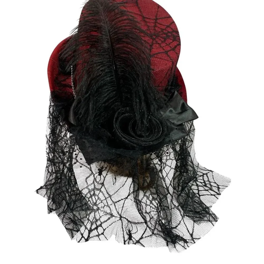 Victorian Style Top Hat Womens Red Spiderweb Veil Feather